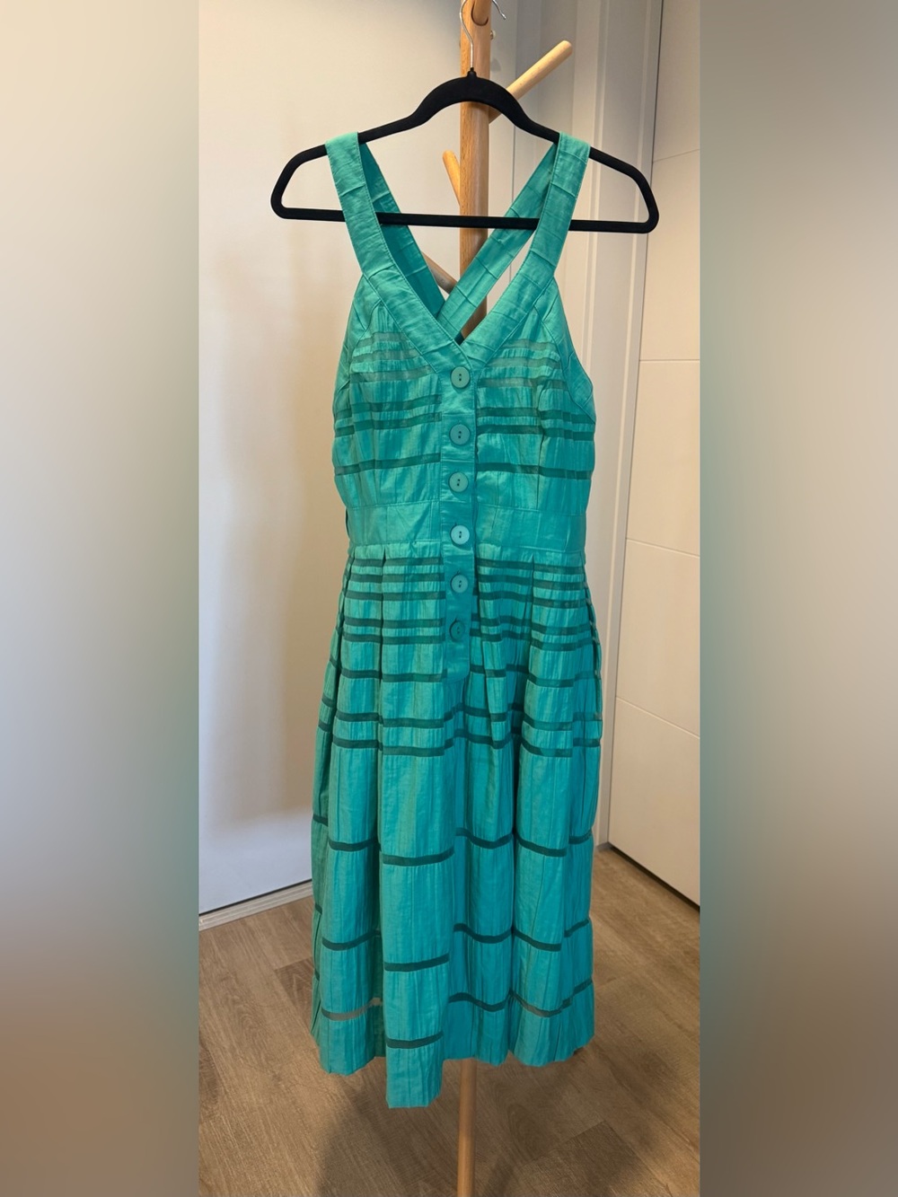 Taylor Teal Striped Button-Front Midi Dress
